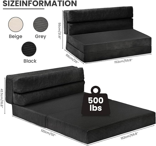 JUIKURY Folding Sofa Bed, Convertible Sleeper Chair with Pilow Foldable Matress, 2 in 1 Pull Out Loveseat Sofa Portable Fold Out Chair Bed Floor Couch Lounge for Living Room (Black, Queen)