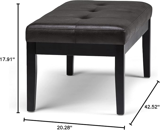 SIMPLIHOME Lacey Tufted Ottoman Bench - 41 inch Wide Upholstered Vegan Leather Rectangle Ottoman in Distressed Black, Contemporary Bench for Bedroom or Entryway with Stitching Detail, Assembled
