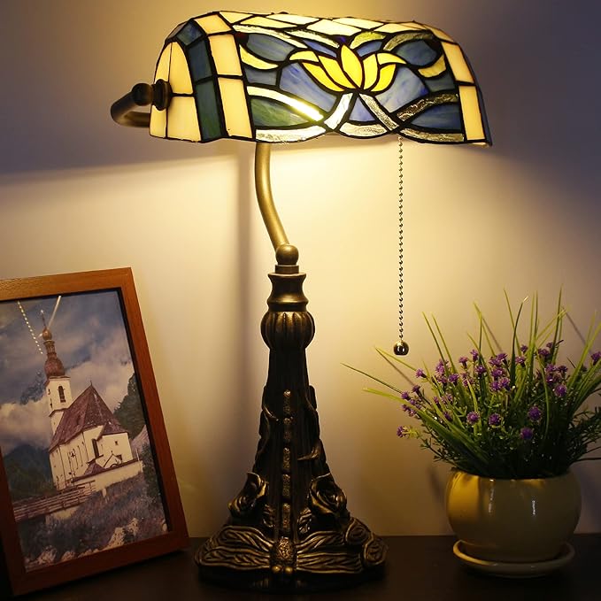 Tiffany Banker Lamp Small Stained Glass Table Lamp Tiffany Style Piano Light Blue Yellow Lotus Style Desk Lamp Angle Adjustable 10.6X15.7 Inch for Home Office Living Room Bedroom