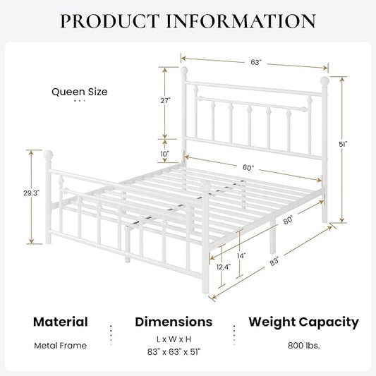 SHA CERLIN 14" Queen Size Metal Platform Bed Frame/Victorian Headboard and Footboard/Steel Slats Mattress Foundation for Storage/No Box Spring Needed/Noise Free/White