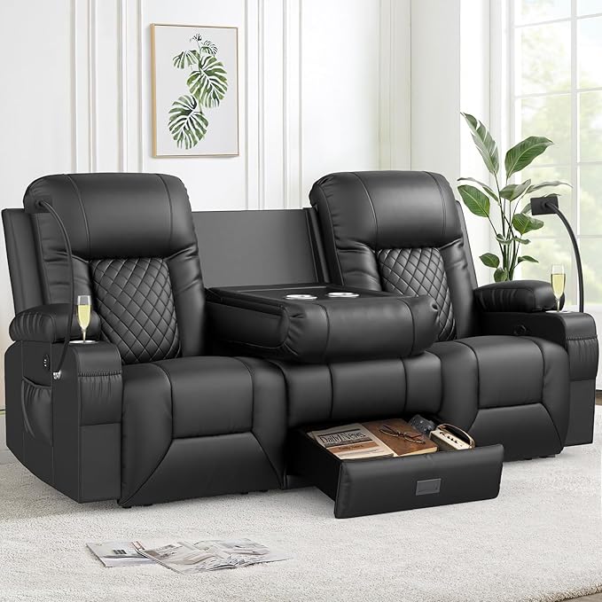 FURNIMAT Loveseat Recliner Sofa, 3 Seater Dual Reclining Sofa with Flip Back Console, Modern PU Leather Reclining Couch for Living Room/RV, with Storage, USB Port, Cup Holder, Cell Phone Holder, Black