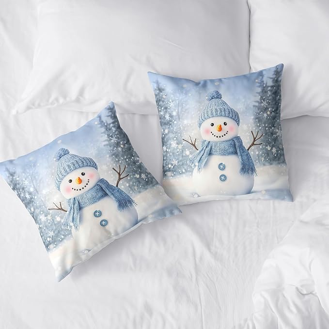 Blue Snowman Throw Pillow Covers Winter Pillow Covers 22x22 Snowflakes Pillow Case Double Sided Printing Cushion Case for Home Decor Couch Sofa Set of 2
