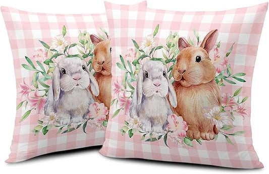 Spring Easter Pillow Covers 16x16 Pack of 2 Lovely Rabbit with Lily Flower Throw Pillow Covers Pink Plaid Bunny Pillow Case for Spring Easter Decoration Sofa Patio Garden