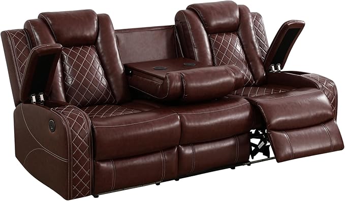 Power Reclinier Sectional Sofa Set,Brown Red Leather Reclining Sectional Modular Couch Set,L Shaped Leather Couch with LED Light for Living Room/House/Apartment/Lounge(L+3 Seats Sofa)