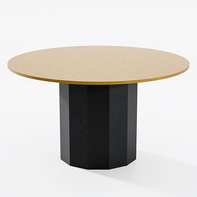 Modern Round Dining Table for 6 People, Casaphoria 52 Inch Wood Top & Black Base, Two-Tone Design for Dining Room