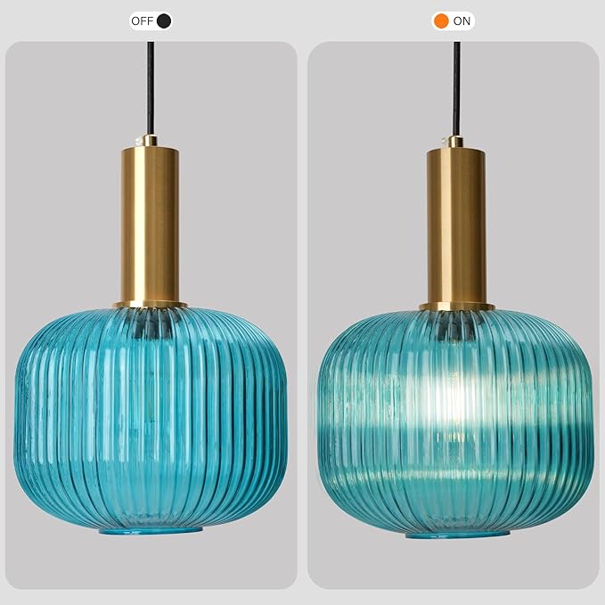 Plug in Pendant Light, Blue Ribbed Glass Hanging Lamp with Plug in Cord Adjustable, Coastal Plug in Hanging Light with On/Off Switch for Kitchen Dining Room Living Room Bedroom