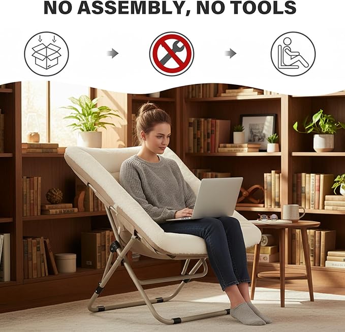 Tiita Comfy Folded Chair, Soft Faux Fur Oversized Folding Accent Chair, Lazy Chair for Teens Adults, Metal Frame Moon Chair for Bedroom, Living Room, Dorm Rooms