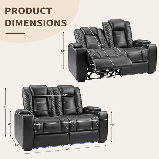 ANJ Power Reclining Loveseat, 2-Seater Electric Recliner Sofa with LED Lights, USB Charging & Cup Holders, Faux Leather Living Room Furniture for Home Theater, Small Spaces & RV (Black)