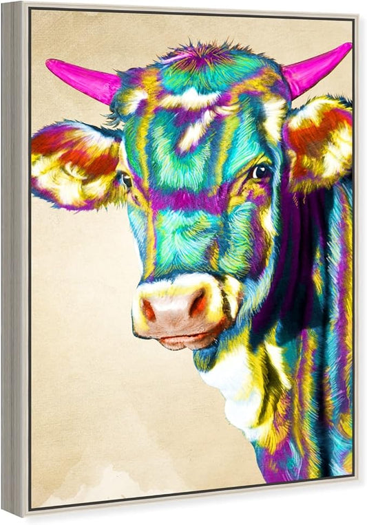 Country Farmhouse Canvas Print Painting Animal Wall Art 'Fun Colorful Glam Farm Cow' Champagne Framed Canvas Rustic Home Décor 20x30 in Green, Pink by Oliver Gal