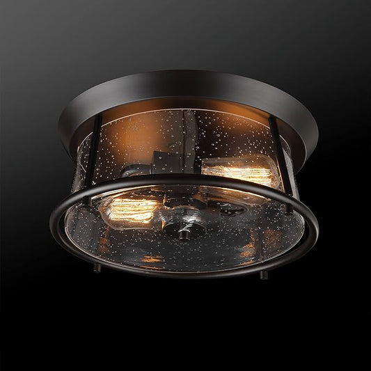 Globe Electric 60347 2-Light Flush Mount Ceiling Light, Bulbs Included, Dark Bronze, Seeded Glass Shade, Bedroom Lighting Fixtures Ceiling, Dining Room Fixture, Lighting for Hallway