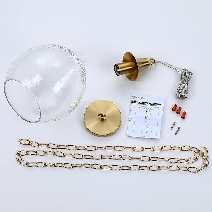 Untrammelife Glass Gold Pendant Light 1-Light 9" Globe Ceiling Lighting Modern Hanging Light Fixture with Hammered Glass Gold Chandelier Adjustable Chain Brushed Brass Finished