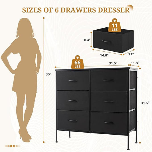 6-Drawer Fabric Dresser, Chest of Drawers Clothes Cabinet for Closet & Bedroom, Storage Organizer with Steel Frame for Entryway, Dorm, Living Room, Black