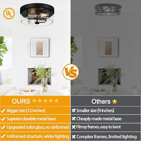 Flush Mount Ceiling Light Fixtures, 2-Light Black and Silver Ceiling Mount for Farmhouse with Seeded Glass Lampshade, Industrial Flush Mount Light Fixture for Hallway, Kitchen, Entryway and Foyer