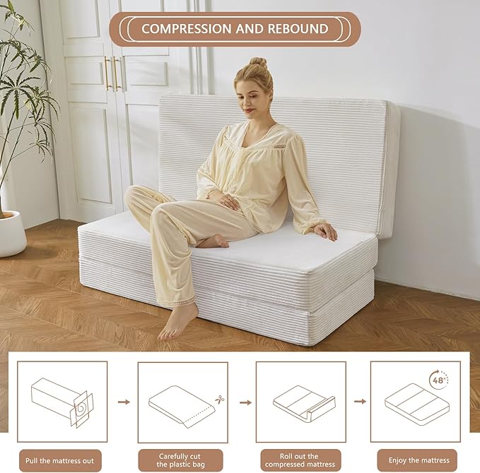 BYBYME Tri-Folding Corduroy Mattress, 6 Inches Gel Folding Mattress Topper, Foldable Soft Guest Bed Camping Pad, Washable Cover (Beige, Twin)