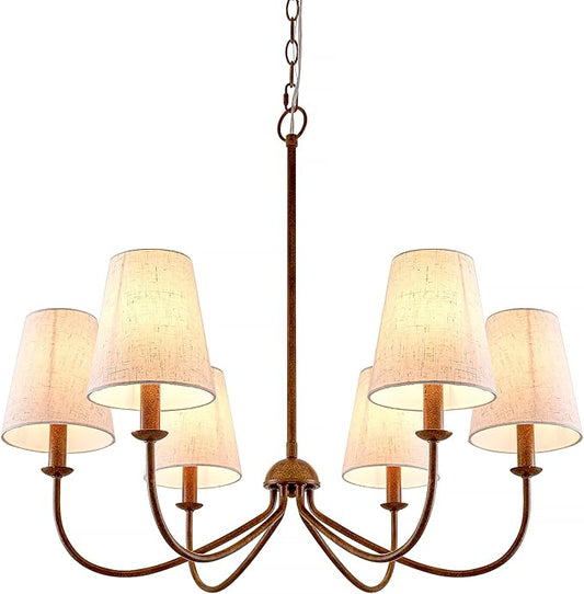 Chandelier, Retro Antique Brown with White Beige Fabric Shade, 6-Light 28" Country Rustic Farmhouse Linear Pendant Lighting Fixture for Kitchen Island Dining Living Room Bedroom