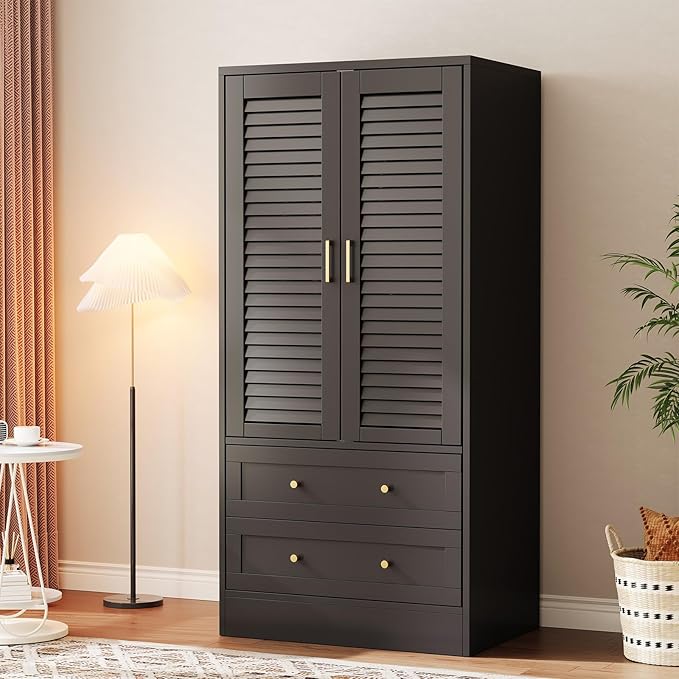 65" Louvered Armoire Wardrobe Closet, Wood Clothing Storage Cabinets with 2 Doors and 2 Drawers, Wooden Wardrobe Closet with Hanging Rod for Bedroom, Cloak Room, Laundry Room, Entrance Hall, Black