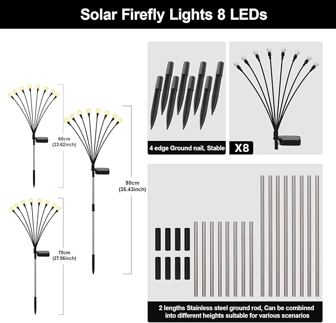 Swaying Solar Firefly Lights Outdoor, 8 Modes 800mAh Firefly Swaying Solar Garden Lights Waterproof for Outside Yard Patio Pathway Christmas Garden Decor Warm White(8 Pack)