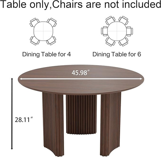 Casaphoria 46" Round Dining Table for 2-4, Farmhouse Style Small Table with Stripes Base, Easy Assembly for Living Room, Kitchen, Bar, Walnut
