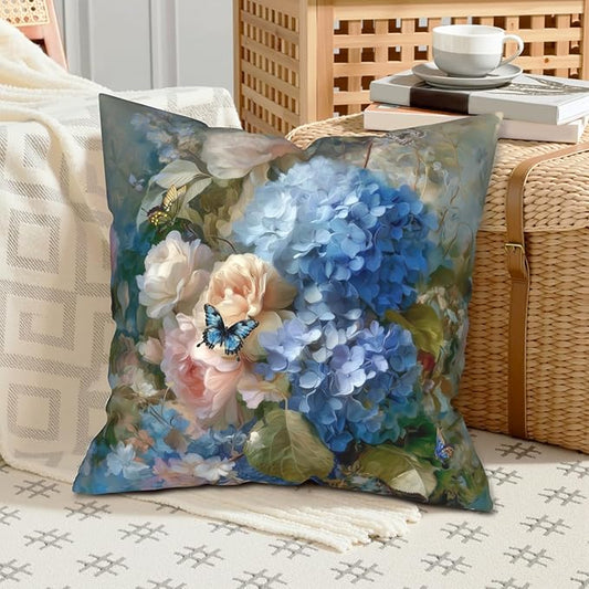 Vintage Rose Hydrangea Pillow Covers Oil Painting Floral Throw Pillow Covers Spring Summer Pillow Case 20x20 Blue Pink Flowers Cushion Case for Living Room Couch Sofa Set of 2