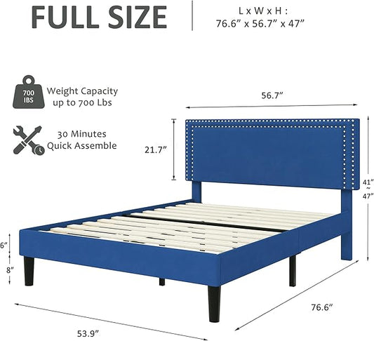 VECELO Full Size Bed Frame with Adjustable Upholstered Headboard, Wooden Slats Platform, Noise-Free Design, Easy Assembly