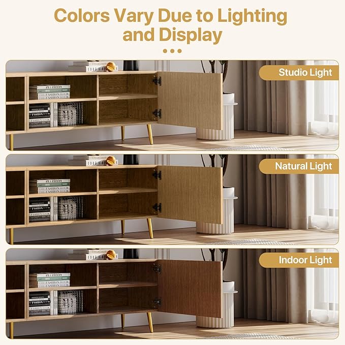 Modern 86in TV Stand for Living Room, Fluted Design Entertainment Center with Adjustable Shelves,Media TV Console Table with Storage for Bedroom,Nature