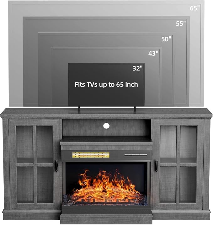 YESHOMY Glass Fireplace TV Stand for Televisions up to 65", Media Entertainment Center Console Table with Doors Closed Storage, Grey Wash