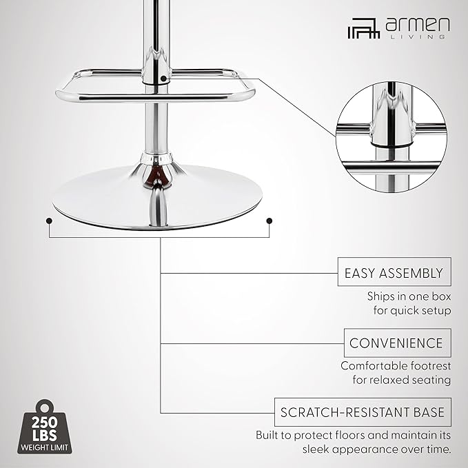 Armen Living Leland Adjustable Black Faux Leather and Chrome Finish Bar Stool