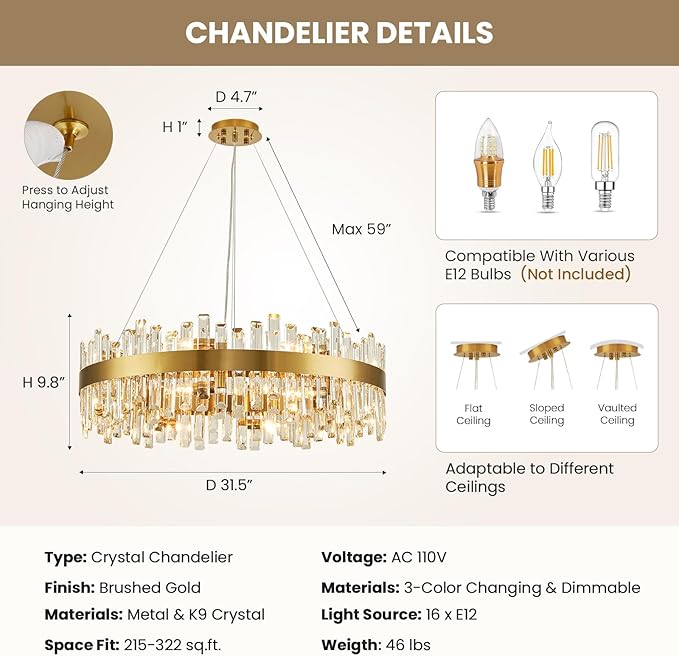 CROSSIO 16-Light Modern Crystal Chandelier, Large Gold Round 2-Tiers K9 Crystal Chandelier, Luxury Flush Mount Crystal Pendant Ceiling Light for Dining Living Room Entryway Foyer D31.5''