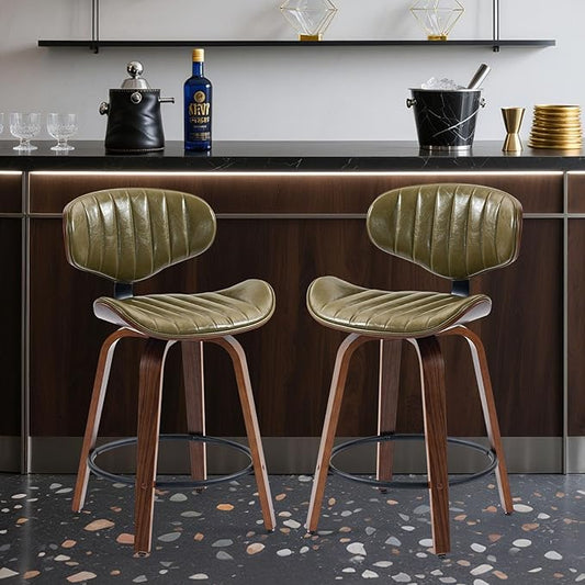 Modern Bar Stools Set of 2, 24 inch PU Leather Wooden Bentwood Barstools Counter Height Swivel Breakfast Bar Chairs with Backrest Footrest for Kitchen Island, Dining Room D035-Olive Green-2