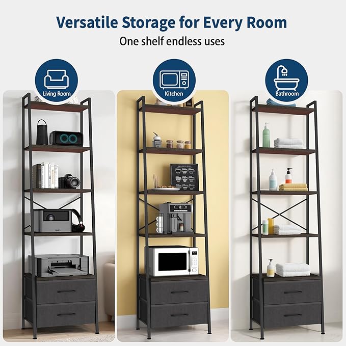 Whitmor 5-Tier Ladder Bookshelf with 2 Drawers, Narrow Modern Display Bookcase with Wood Shelves & Metal Frame, Freestanding Storage Rack for Living Room, Bedroom, Bathroom, Home Office, Black