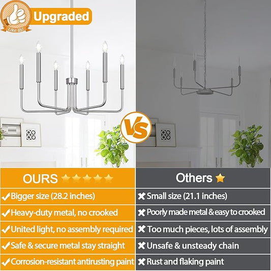 6-Light Farmhouse Chandelier for Dining Room Lighting Fixtures Hanging, Brushed Nickel Dining Light Fixtures Industrial Chandelier for Bedroom, Foyer, Hall, Kitchen, Living Room and Entryway