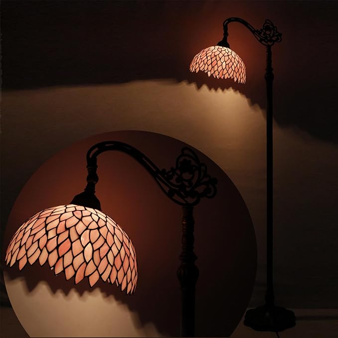 WERFACTORY Tiffany Floor Lamp Pink Stained Glass Wisteria Light 12X18X64 Inches Pole Torchiere Standing Corner Torch Uplight Decor Bedroom Living Room Home Office S523P Series