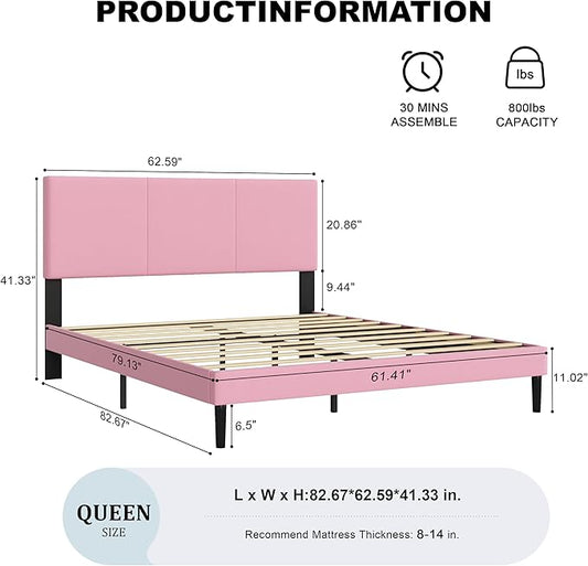 Queen Size Bed Frame with Upholstered Headboard, Sturdy Wood Slats, No Box Spring Required, Silent, Easy Assembly, Pink