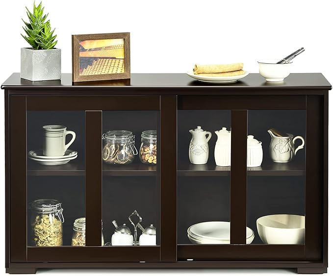Byroce Sideboard Buffet Cabinet, Stackable Storage Coffee Bar Cabinet with Adjustable Shelf & Glass Sliding Doors, Wood Cupboard Credenza Console Table for Kitchen Dining Living Room (1, Coffee)