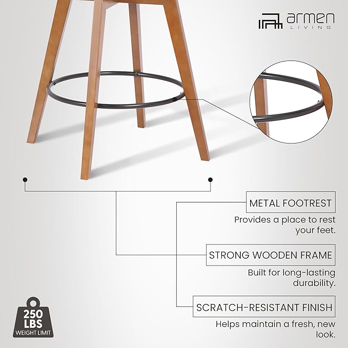 Armen Living Baylor Mid Century Modern Swivel Bar Stool for Kitchen Island Counter in Gray Faux Leather and Walnut Wood, 26" Seat Height