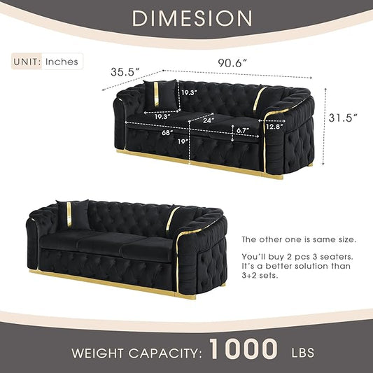 KEIKI 2-Piece Luxury Chesterfield Sofa Set with 2 Oversized Velvet 3-Seater Sofa, Upholstered Modern 6-Seater Button Tufted Couch Set with 4 Pillow, Gold Stainless Decoration, for Living Room, Black
