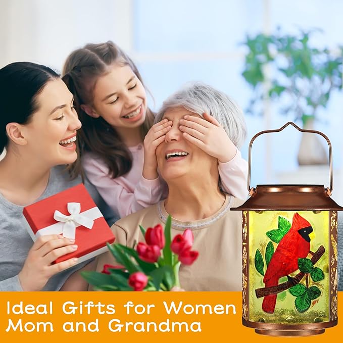 Cardinal Solar Lanterns Outdoor Waterproof,Birthday Gifts for Women Mom Grandma Garden Decor,Hanging Solar Lights Wall Mount Decorations for Yard,Front Porch,Patio,Lawn Pathway Landscape