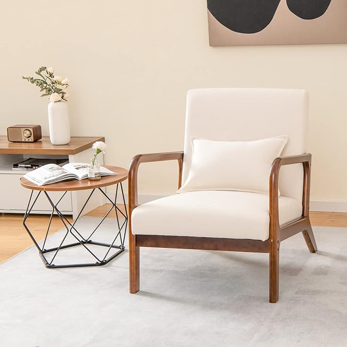 Giantex Modern Accent Chair with Pillow - Comfy Upholstered Lounge Armchair with Anti-Slip Felt Pads, Wooden Frame Soft Padded Arm Chairs for Living Room, Bedroom, Study, Beige