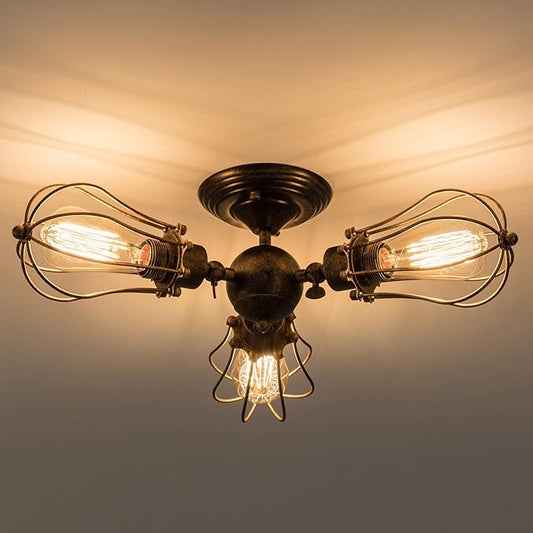 Vintage Ceiling Light Industrial Rotatable Semi-Flush Mount Ceiling Light Metal Lamp Fixtures Painted Finish (with 3 Light) (Bronze)