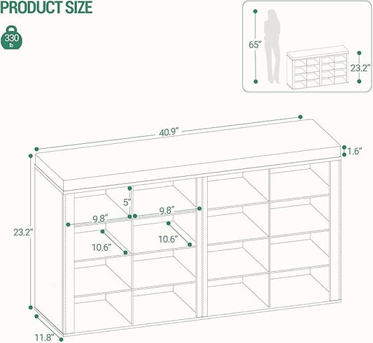 Shoe Bench with Cushion, Entryway Storage Bench with 16 Cubbies, Cubby Shoe Rack with Adjustable Shelves, Shoe Organizer Cabinet for Living Room, Bedroom, Entryway, White SB25603GY