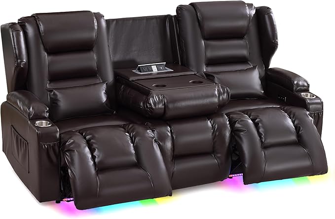 SAMERY Power Loveseat Recliner Sofa, Wall Hugger Reclining Loveseat Sofa, Movie Home Theater Seating with Flip-Backrest, Solid Wood Top, Ambient LED Lights, USB-C, Outlets, Faux Leather, Brown | Extra Wide Seat, Plush Padding, Dual Power Recline, Flip-...