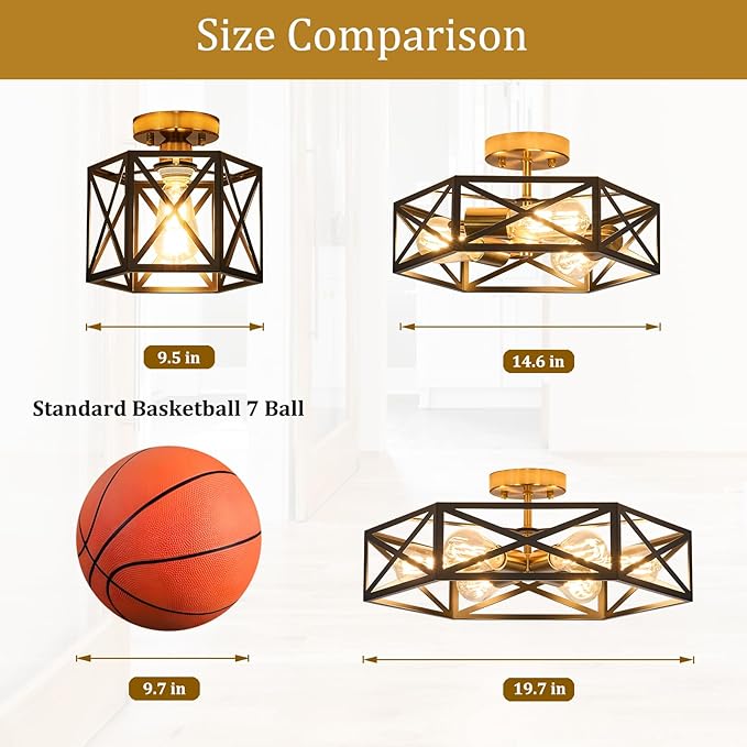 Modern Farmhouse Black and Gold Ceiling Light,Industrial Semi Flush Mount Ceiling Lighting Fixture,Hexagonal Lighting Fixtures for Kitchen,Bedroom,Living,Dining Room,Laundry Room,6-Light