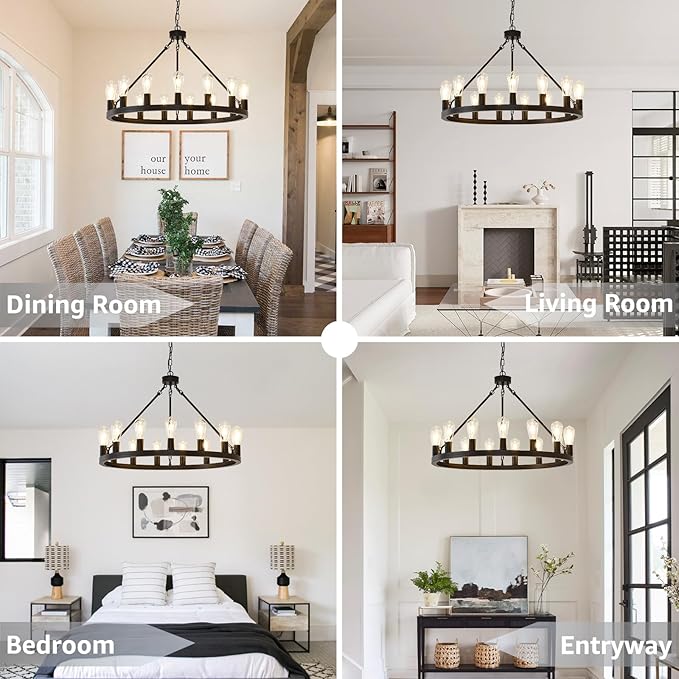 NILSE 15-Light Black Wagon Wheel Chandelier, 32" Round Chandelier for Porch, Iron Industrial Chandeliers Light Fixture for Living Room Kitchen Island Foyer Entryway, E26