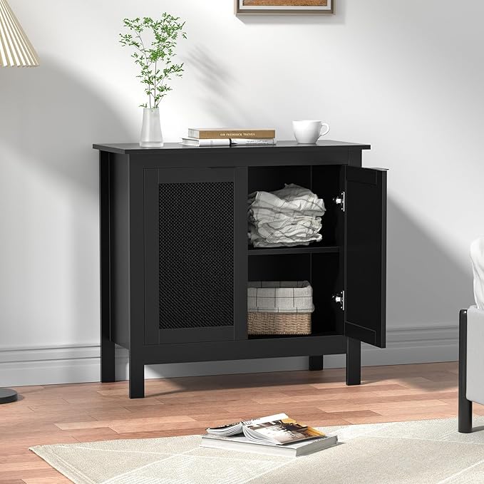 Giluta Black Sideboard Buffet Cabinet, Farmhouse Kitchen Storage Cabinets with 2 Rattan Doors, 30''H Boho Cabinet with Solid Wood Feet for Entryway, Living Room, Hallway