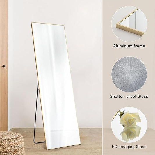 OLIXIS Full Length Mirror for Bedroom, 56"x21" Full Body Mirror with Stand, Hanging or Leaning for Wall, Aluminum Alloy Thin Frame Floor Standing for Living Room, Long, Gold