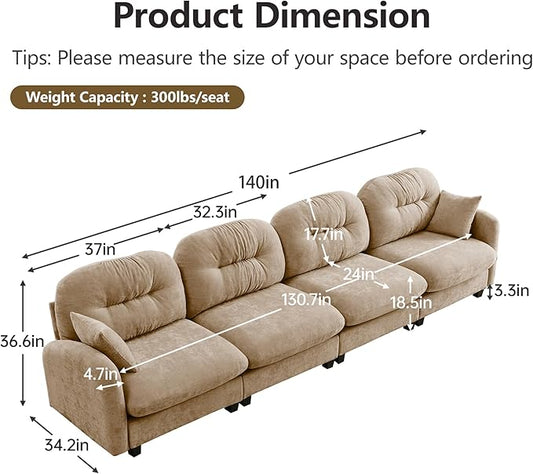 KEIKI 140" Oversized Chenille Modular Sectional Sofa with High-Density Foam Cushion and Tufted Pleated Cushion Backrest, Upholstered Modern 4-Seater Cloud Couch with 2 Pillow, for Living Room, Camel