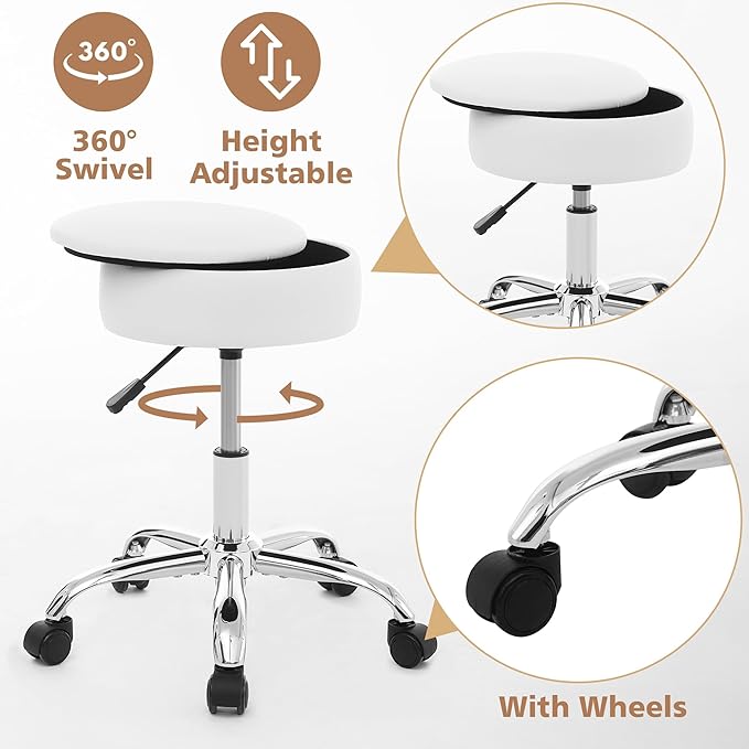 Adjustable Vanity Stool with Storage Rolling Vanity Chair with Wheels Swivel Vanity Stool Chair for Vanity Makeup Stool White