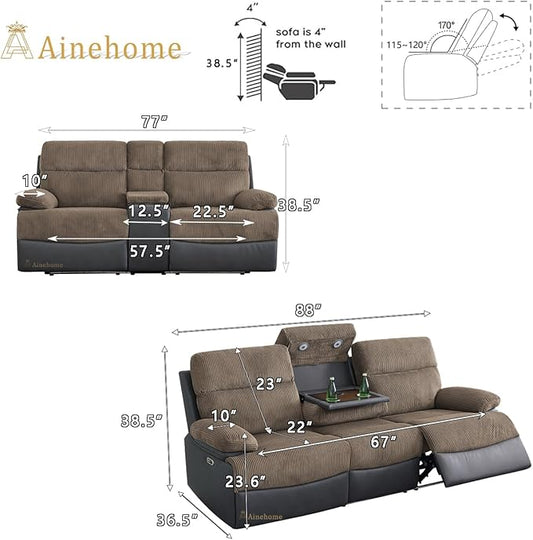 A Ainehome 2 Pieces Living Room Furniture Sets, Power Recliner Sofa Set with LED, Corduroy Reclining Sofa Sectional Couches for Living Room with USB Port/Storage Console/Cup Holders