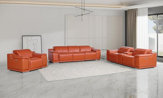 BlackJack Furniture Venice Top Grain Italian Leather Recliner 7 Seater 5 Power Reclining 3 Piece Sofa Set with Adjustable Headrests Modern Seating Sofa, Loveseat and Chair for Living Room , Camel