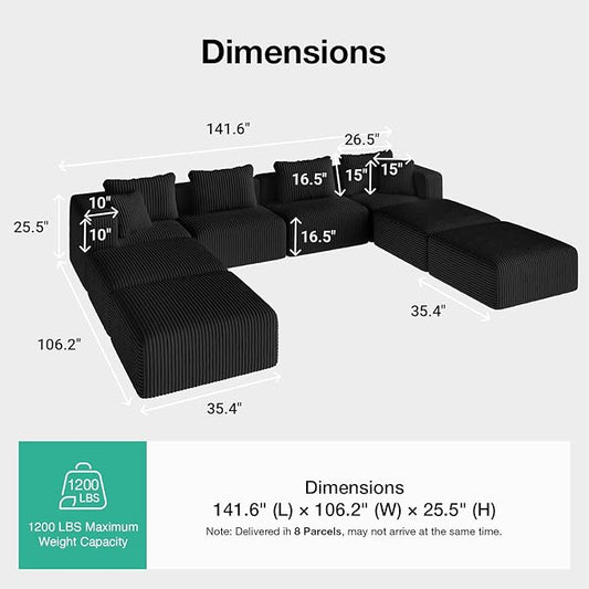 Novilla 141" Modular Sectional Sofa, Modern Cloud Sectional Couch with Smarts Coil® Support, U-Shape Boneless Couch for Living Room Apartments Bedroom, No Assembly Required (4 Seat w/ 4 Ottoman)